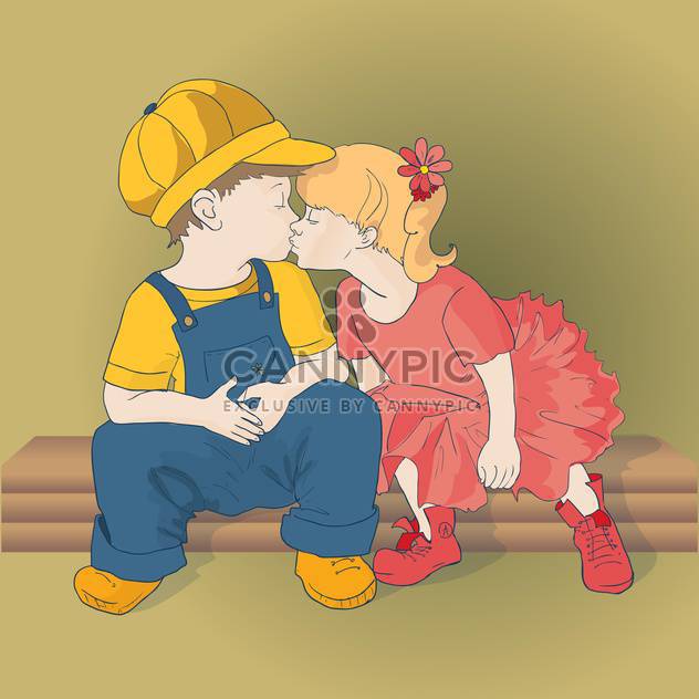 Vector illustration of two cartoon kids kissing each other - бесплатный vector #126314