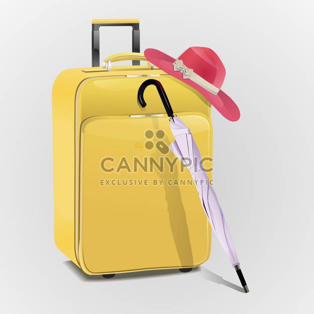 Yellow travel suitcase with hat and umbrella - бесплатный vector #128264
