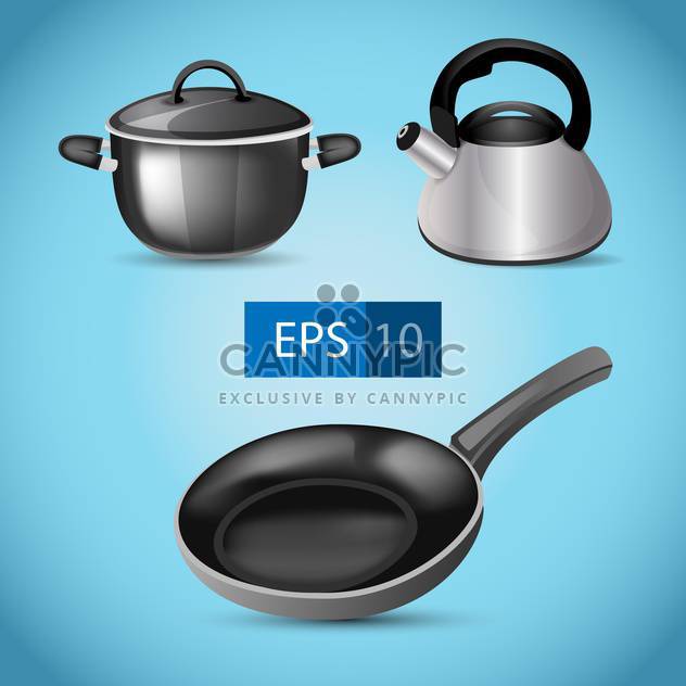 Vector illustration of pot, kettle and frying pan on blue background - Free vector #129714