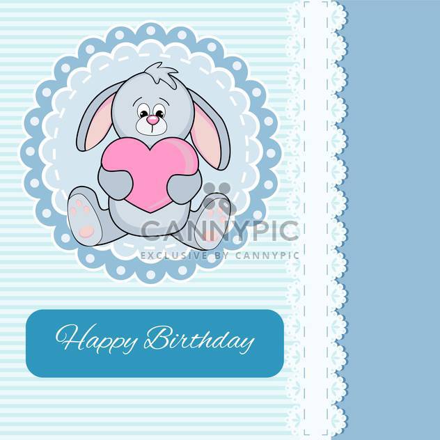 Vector Happy Birthday blue card with bunny holding pink heart - vector gratuit #130554 