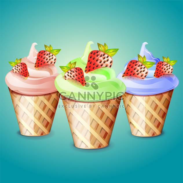 Ice cream cones vector illustration on blue background - vector #131534 gratis