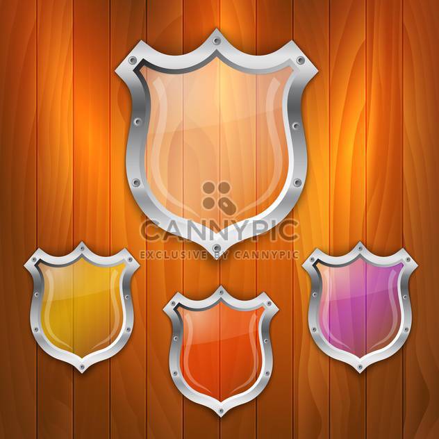 Vector set of glass shields on wooden background - бесплатный vector #131694
