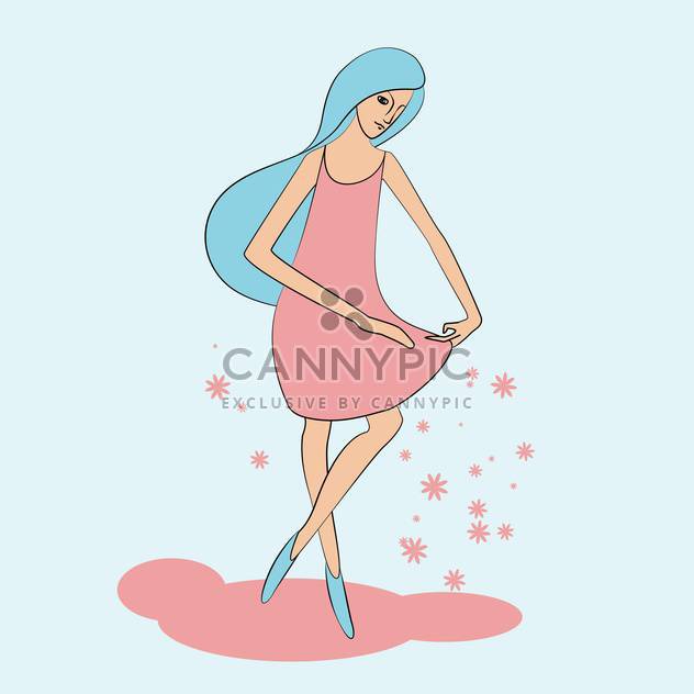 colorful illustration of springtime girl with blue hair wearing pink dress - Kostenloses vector #125944