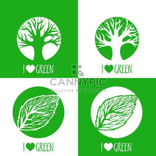 Vector ecology signs with i love green text and green leaves and trees - бесплатный vector #126764
