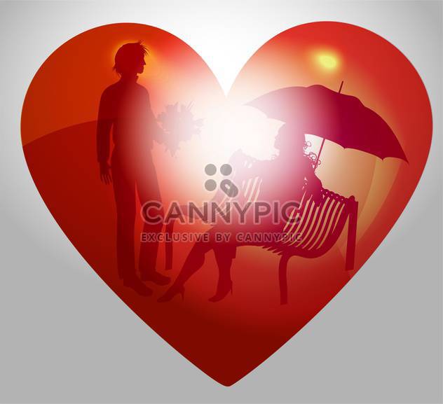 vector illustration of young couple on bench in red heart - vector gratuit #127514 