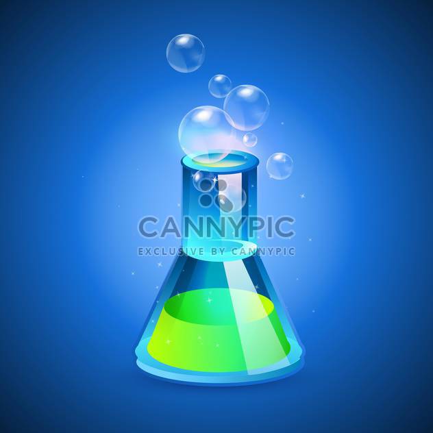 Vector illustration of a glass flask with green liquid on blue background - Free vector #128924