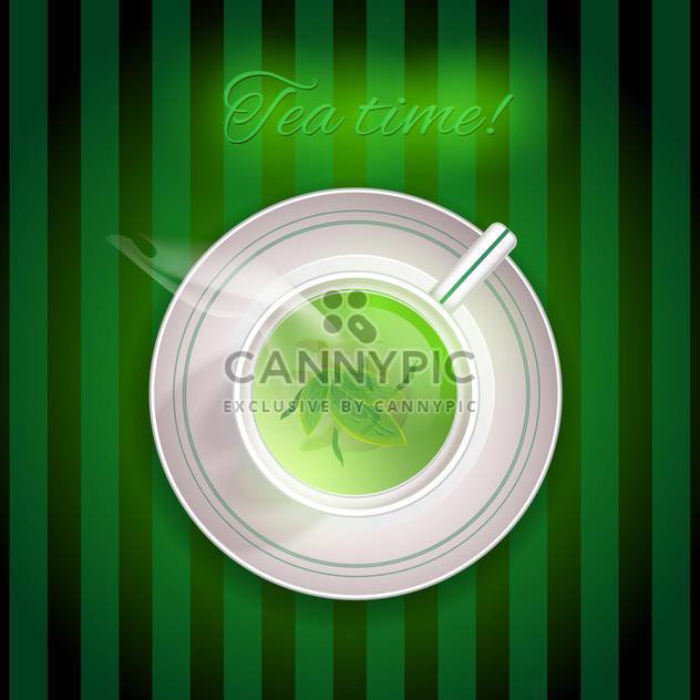 Tea Time card with cup of green tea on striped green background - vector gratuit #129584 