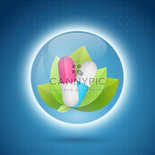 Pills and leaves in the circle capcule on blue background - Free vector #132424